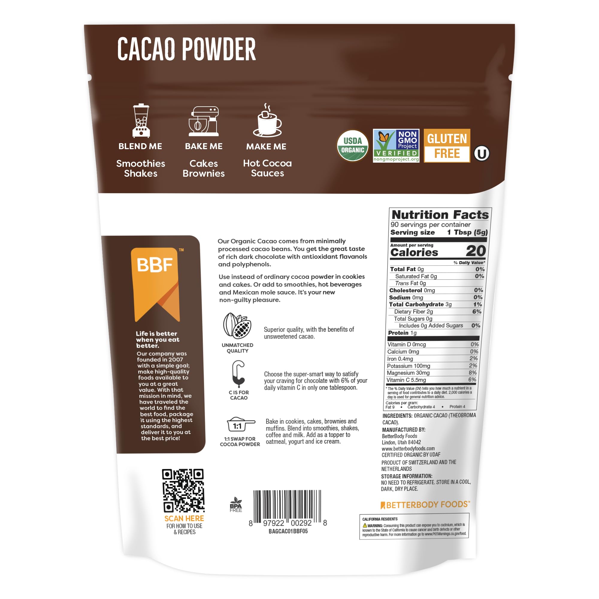 BetterBody Foods organic cacao powder UAE pouch back showing nutrition facts USDA Organic Non GMO Gluten Free