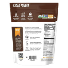 Cacao powder pouch back label with nutrition facts and ingredient panel