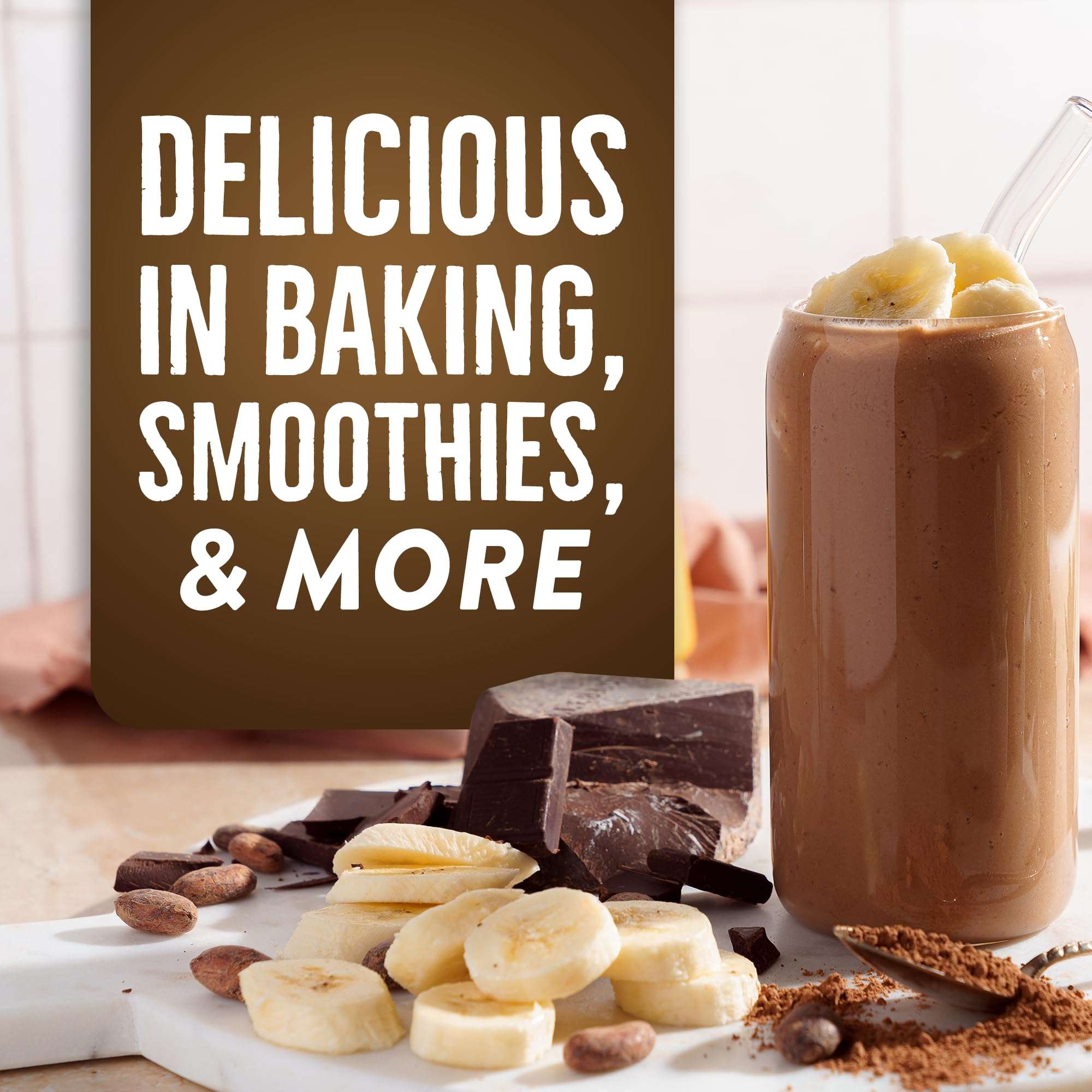 BetterBody Foods organic cacao powder UAE showcased with banana smoothie chocolate chunks and cocoa nibs