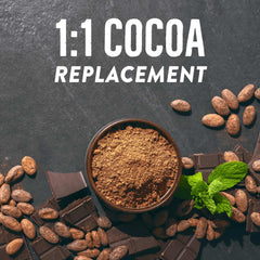 BetterBody Foods organic cacao powder UAE in bowl with cocoa beans chocolate pieces and mint showing 1 to 1 cocoa replacement