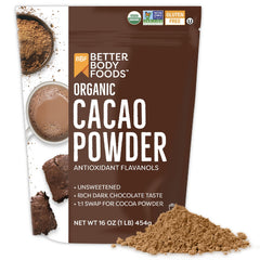BetterBody Foods Organic Cacao Powder pouch with pile of powder cup of hot cocoa and brownies organic cacao powder UAE