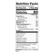Nutrition facts panel for organic cacao powder, including calories and ingredients