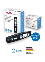 Blood glucose monitor kit with handheld meter, test strips, beurer medical packaging.