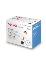Blood glucose monitor box with test strip info, beurer medical branding.