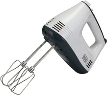 White and dark hand mixer with two metal beaters for mixing