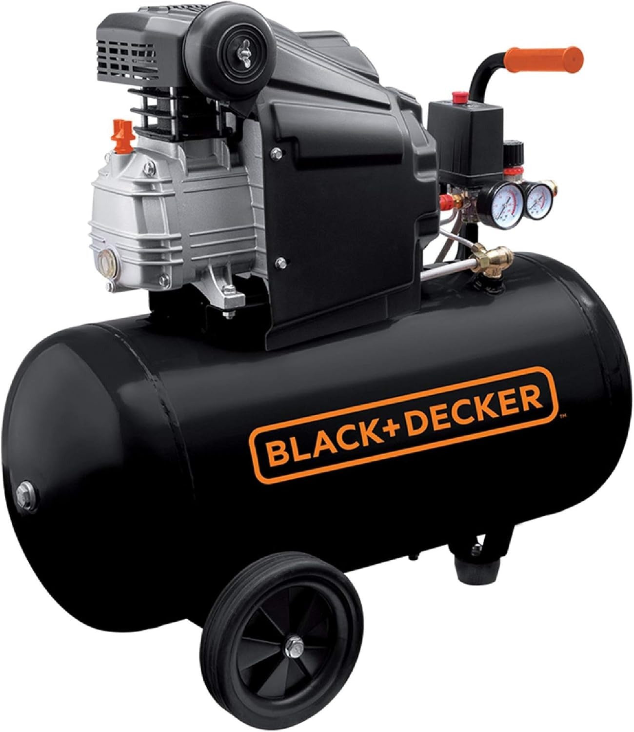 Black air compressor tank with Black+Decker logo, front wheel, and onboard pressure gauges
