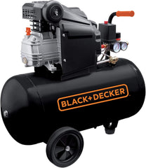 Black air compressor tank with Black+Decker logo, front wheel, and onboard pressure gauges