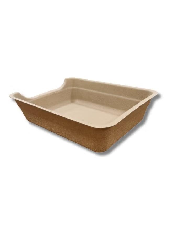 Disposable cat litter basin, tan paper tray with low sides and open top.