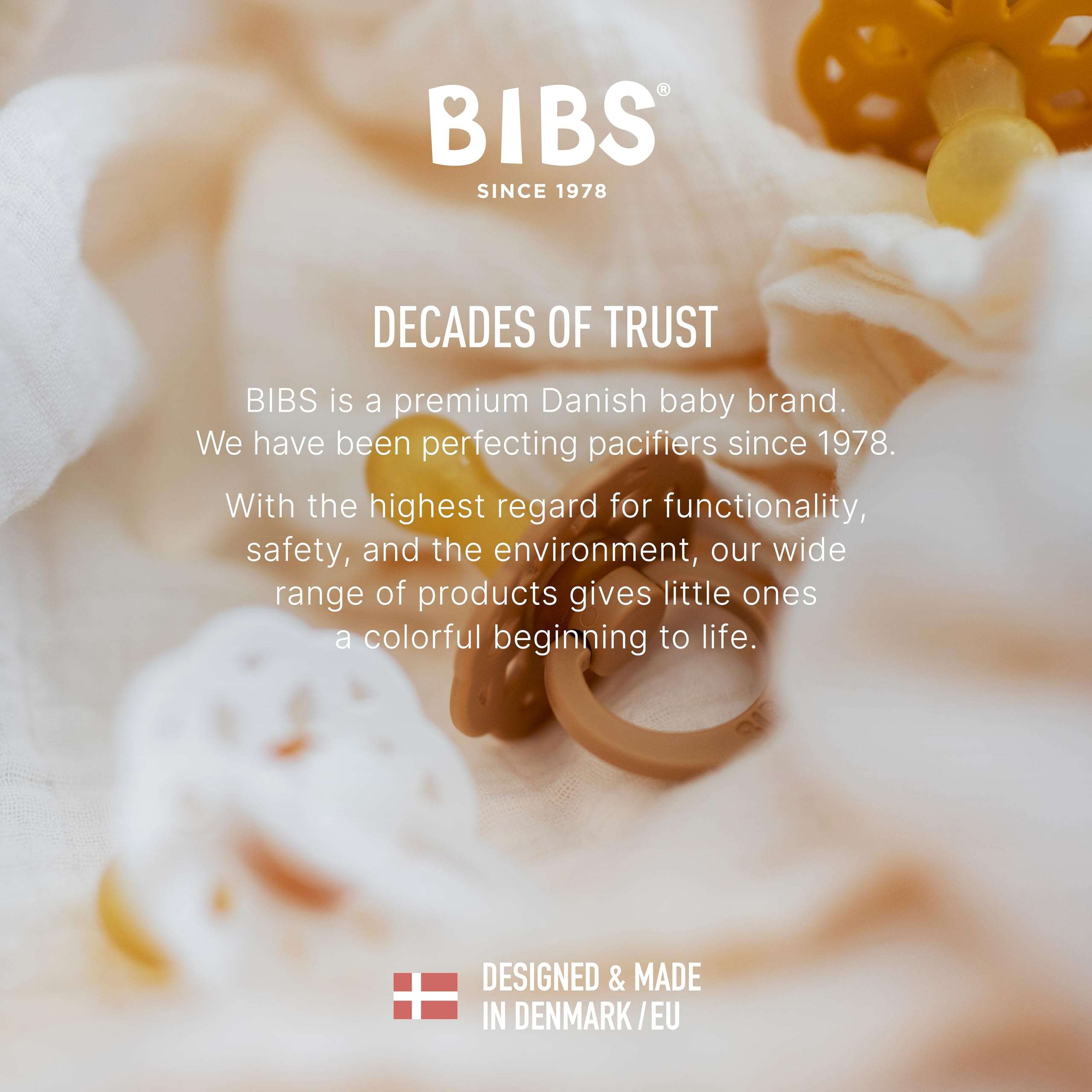 Bibs Boheme natural rubber pacifier UAE neutral brown on soft fabric with BIBS logo and Danish design text