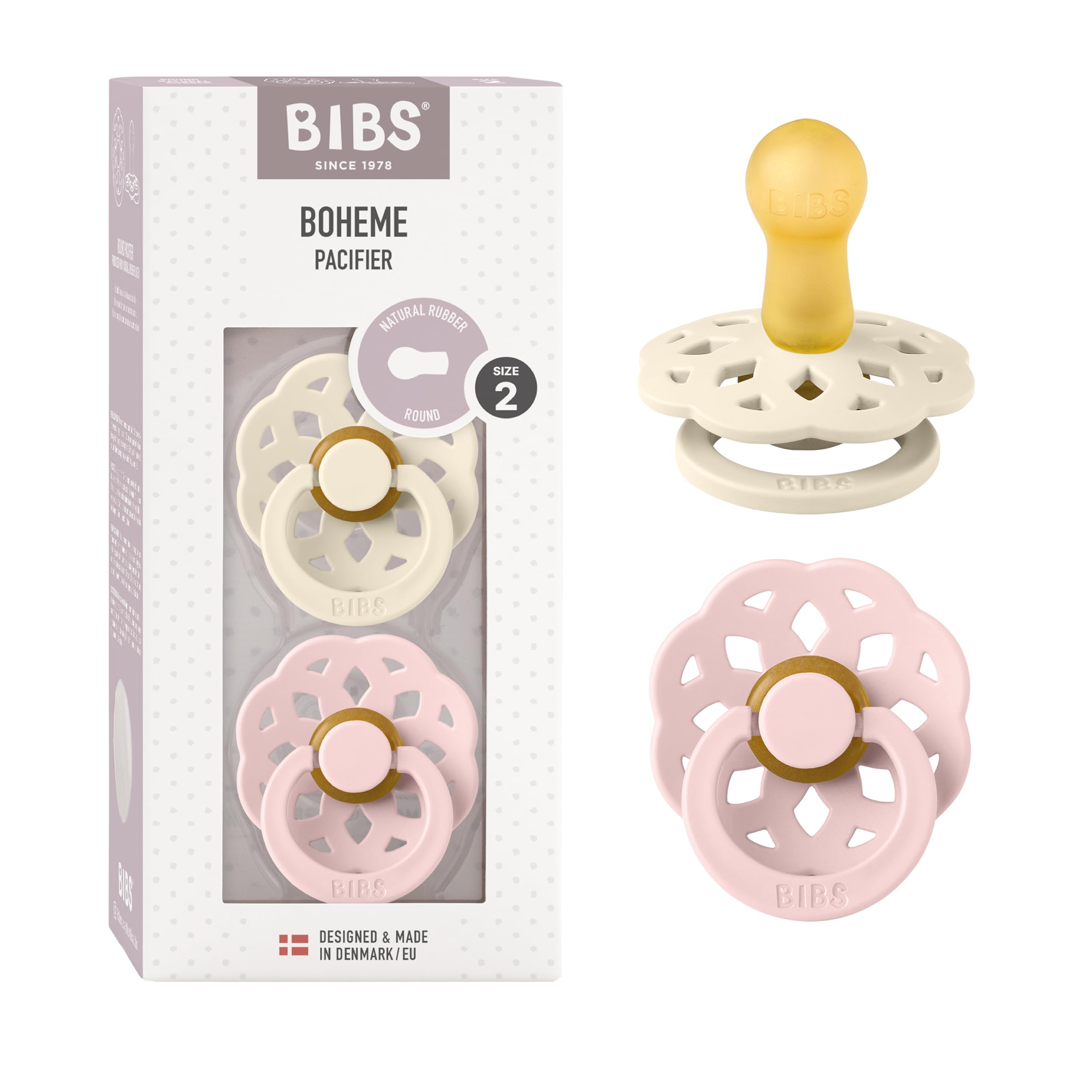 Bibs Boheme natural rubber pacifier UAE pack of two Boheme pacifiers pink and beige with decorative floral shield