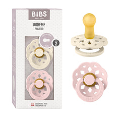 Bibs Boheme natural rubber pacifier UAE pack of two Boheme pacifiers pink and beige with decorative floral shield