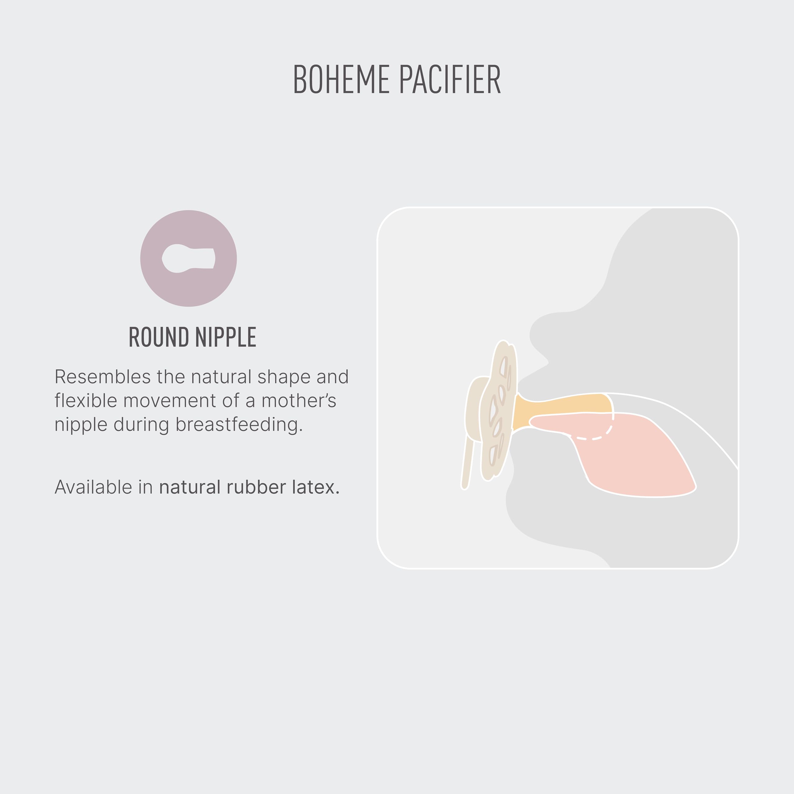 Bibs Boheme natural rubber pacifier UAE round nipple diagram showing natural rubber latex fit in baby mouth