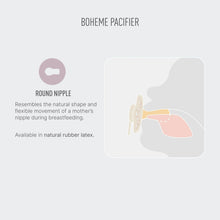 Boheme round nipple pacifier concept with shield and ventilation graphic