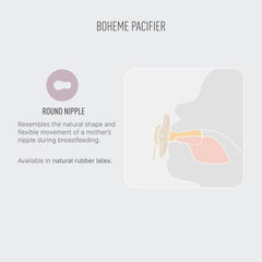 Bibs Boheme natural rubber pacifier UAE round nipple diagram showing natural rubber latex fit in baby mouth