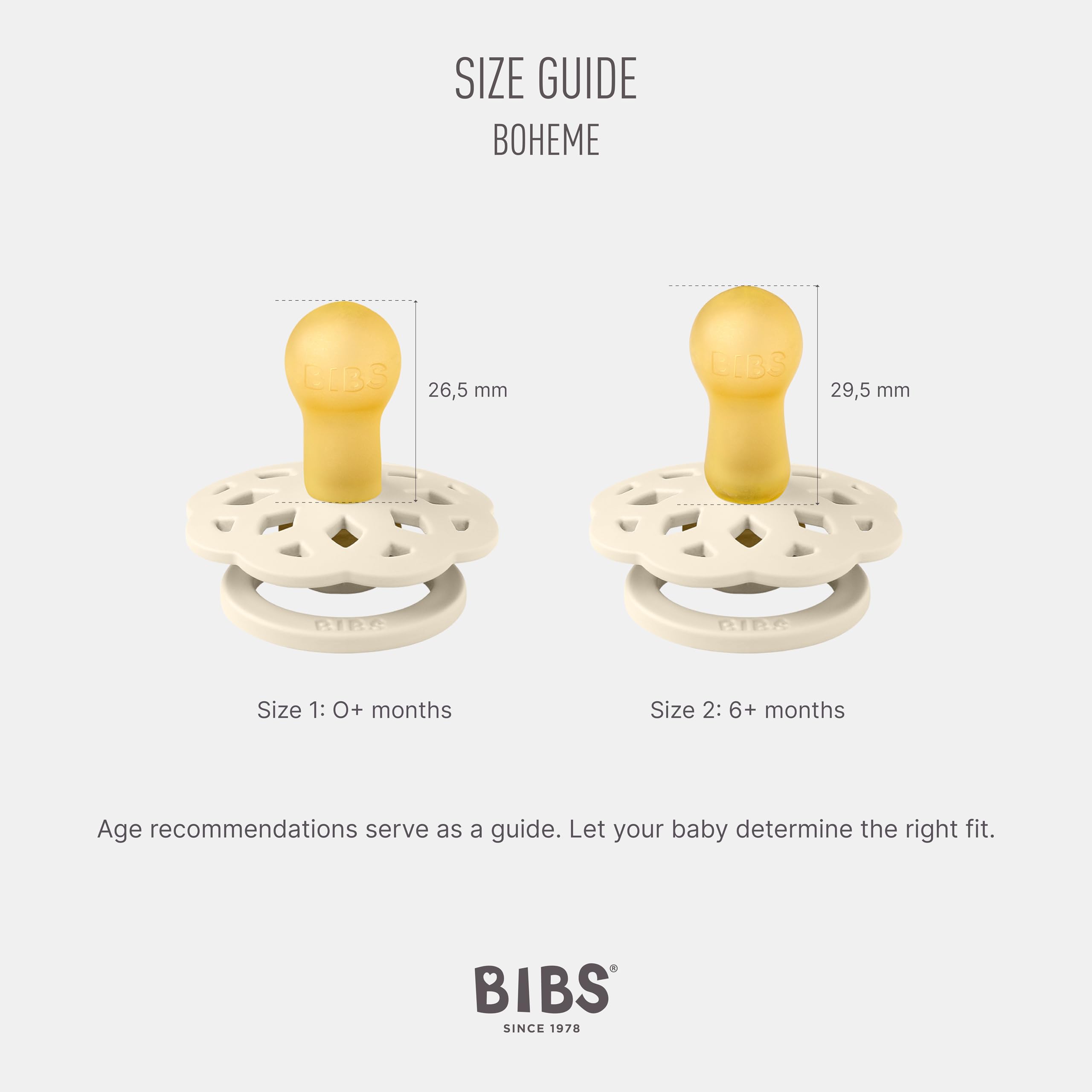 Bibs Boheme natural rubber pacifier UAE size guide showing two cream pacifiers with yellow nipples size 1 and 2