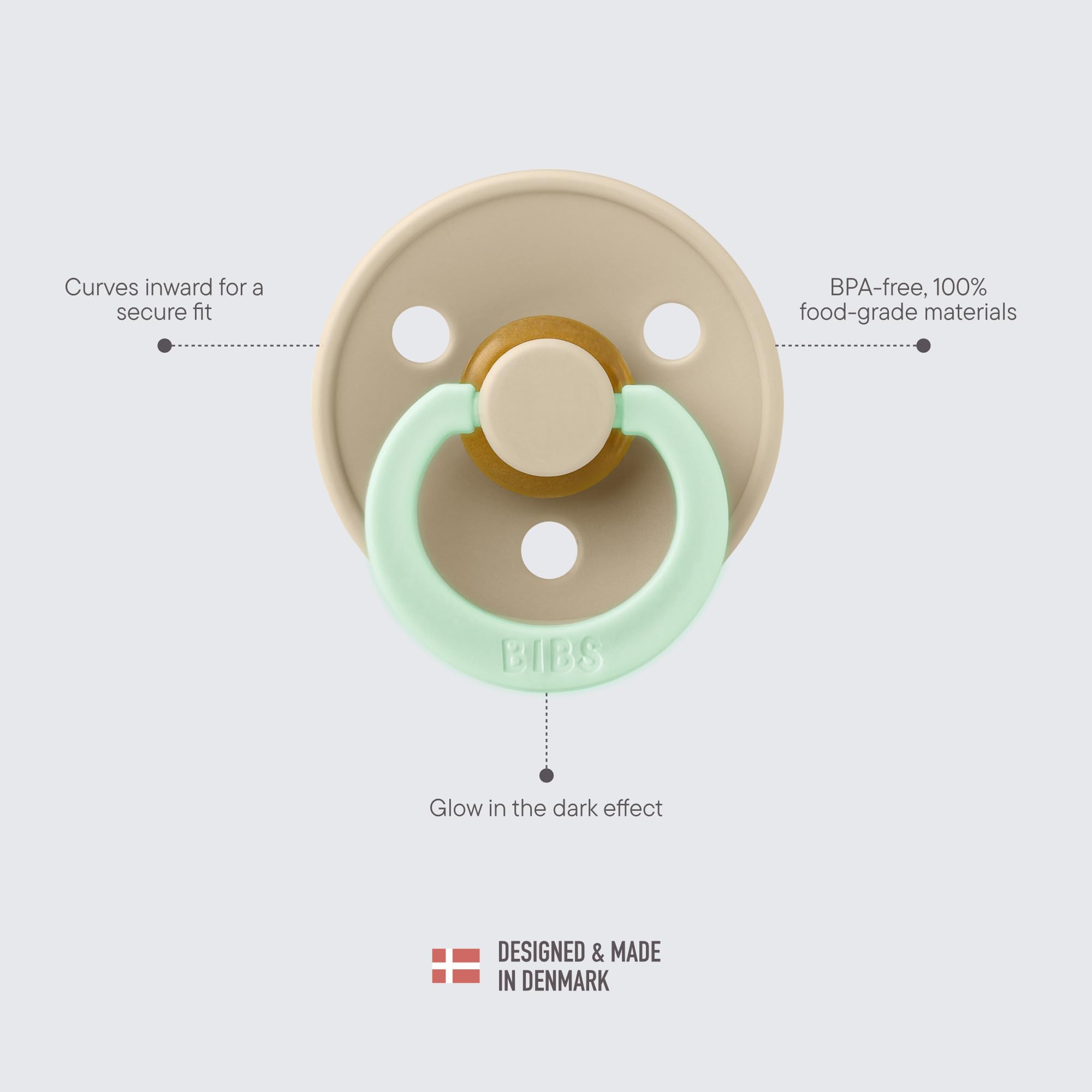 BIBS beige shield pacifier with mint ring and glow in the dark baby pacifier feature BPA free