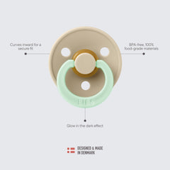 BIBS beige shield pacifier with mint ring and glow in the dark baby pacifier feature BPA free