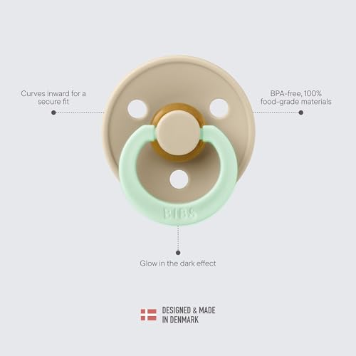 Visit the Bibs Store beige and mint BIBS pacifier showing glow in the dark baby pacifier feature and BPA free materials