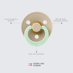 Visit the Bibs Store beige and mint BIBS pacifier showing glow in the dark baby pacifier feature and BPA free materials