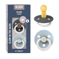 Visit the Bibs Store BIBS glow in the dark baby pacifier pack size 2 with grey and pastel blue shields and yellow nipple