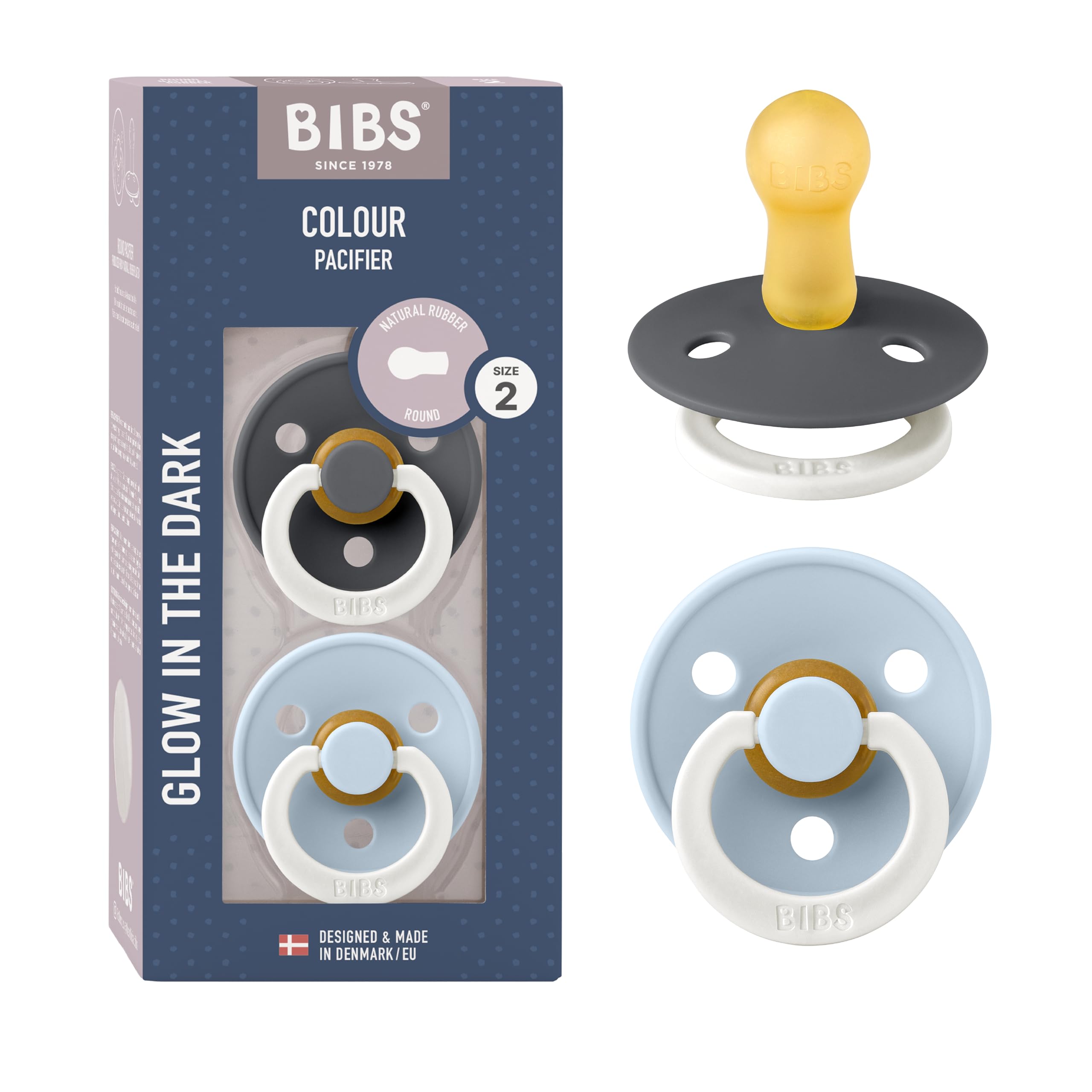 BIBS Colour pacifier pack with two pacifiers and two loose pacifiers in gray and blue glow in the dark baby pacifier