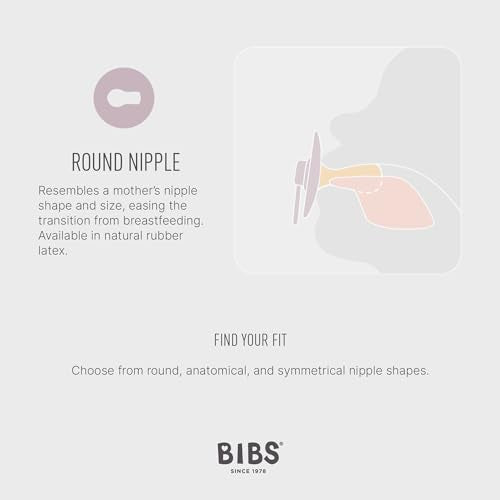 BIBS round nipple pacifier diagram showing natural rubber latex shape and fit glow in the dark baby pacifier