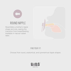 BIBS round nipple pacifier diagram showing natural rubber latex shape and fit glow in the dark baby pacifier
