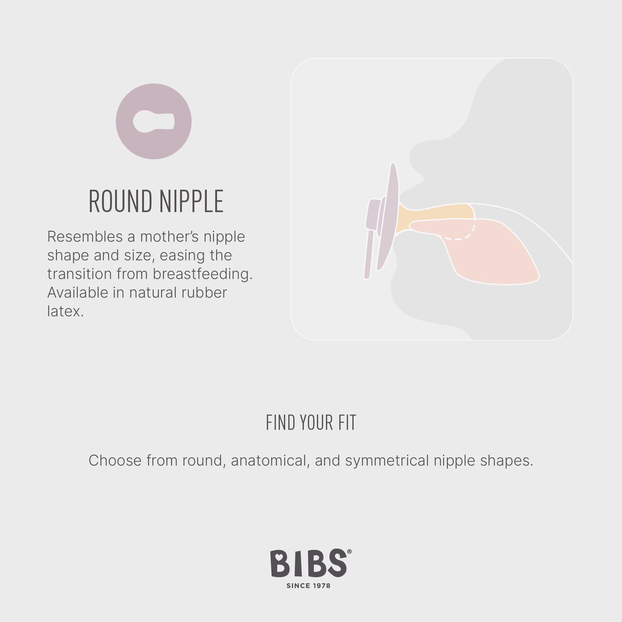 BIBS round nipple pacifier diagram showing breastlike shape and fit for newborns glow in the dark baby pacifier