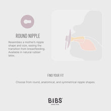 Round nipple pacifier diagram, natural rubber latex, with rounded nipple profile