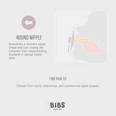 BIBS round nipple pacifier diagram showing breastlike shape and fit for newborns glow in the dark baby pacifier