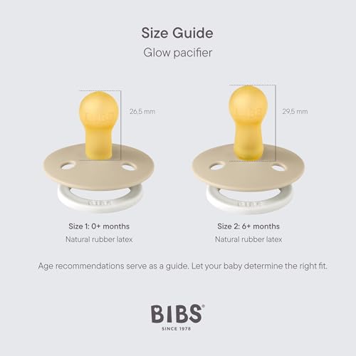 BIBS size guide showing two beige pacifiers with yellow nipples glow in the dark baby pacifier size 0 months and size 6 months