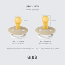 Glow pacifier size guide showing size 1 and size 2, natural rubber latex, 1- and 2-pack