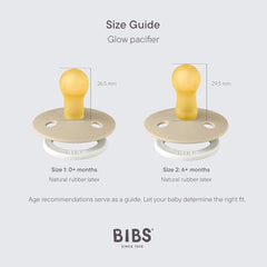 BIBS size guide showing two beige pacifiers with yellow nipples glow in the dark baby pacifier size 0 months and size 6 months