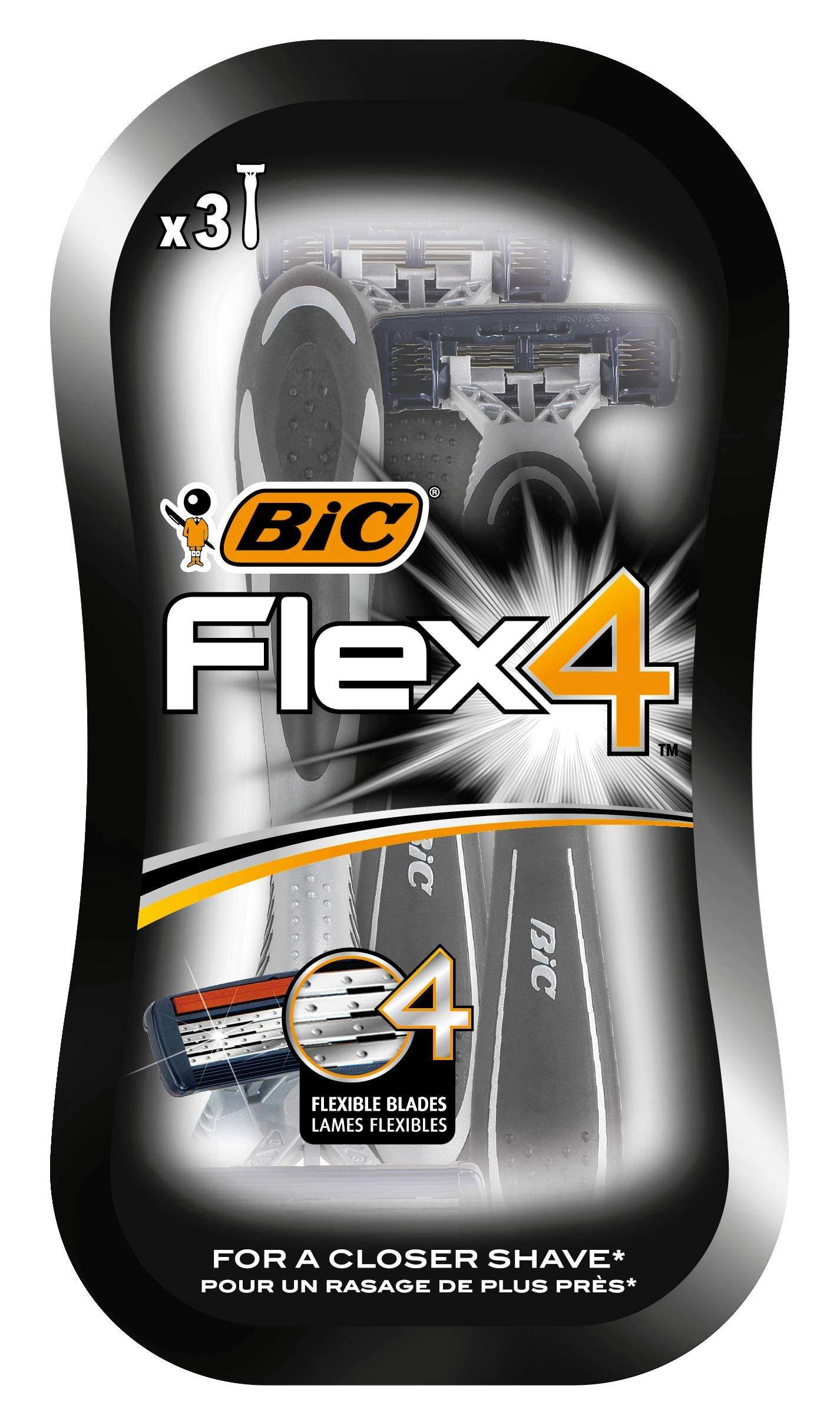 Bic Flex 4 men razors triple pack with black handles and four flexible blades for a close smooth shave