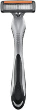 Disposable razor with silver head and black, textured grip handle