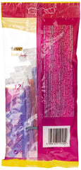 Bic Lady Twin razor pouch with 12 disposable pink and purple razors in clear pink and yellow packaging
