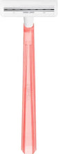 Pink twin-blade razor with clear head and two parallel blade tracks