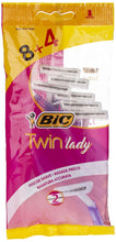 Twin blade razor cartridge pack in magenta and yellow, 12 count pouch
