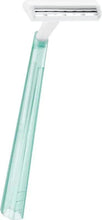 Mint green twin-blade razor with clear head and two parallel blade tracks