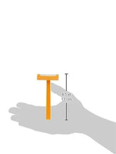 Orange razor on gray hand with size marking 4.5 in (11 cm)