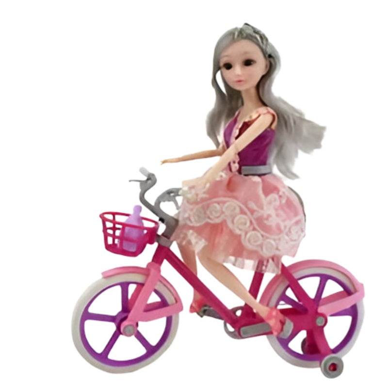 Huitich bicycle doll with accessories featuring a doll in a pink dress riding a pink and purple toy bike
