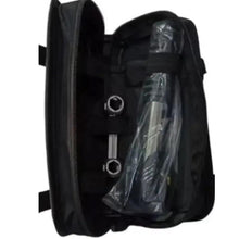 Black storage backpack with clear protective cover and zippered compartments