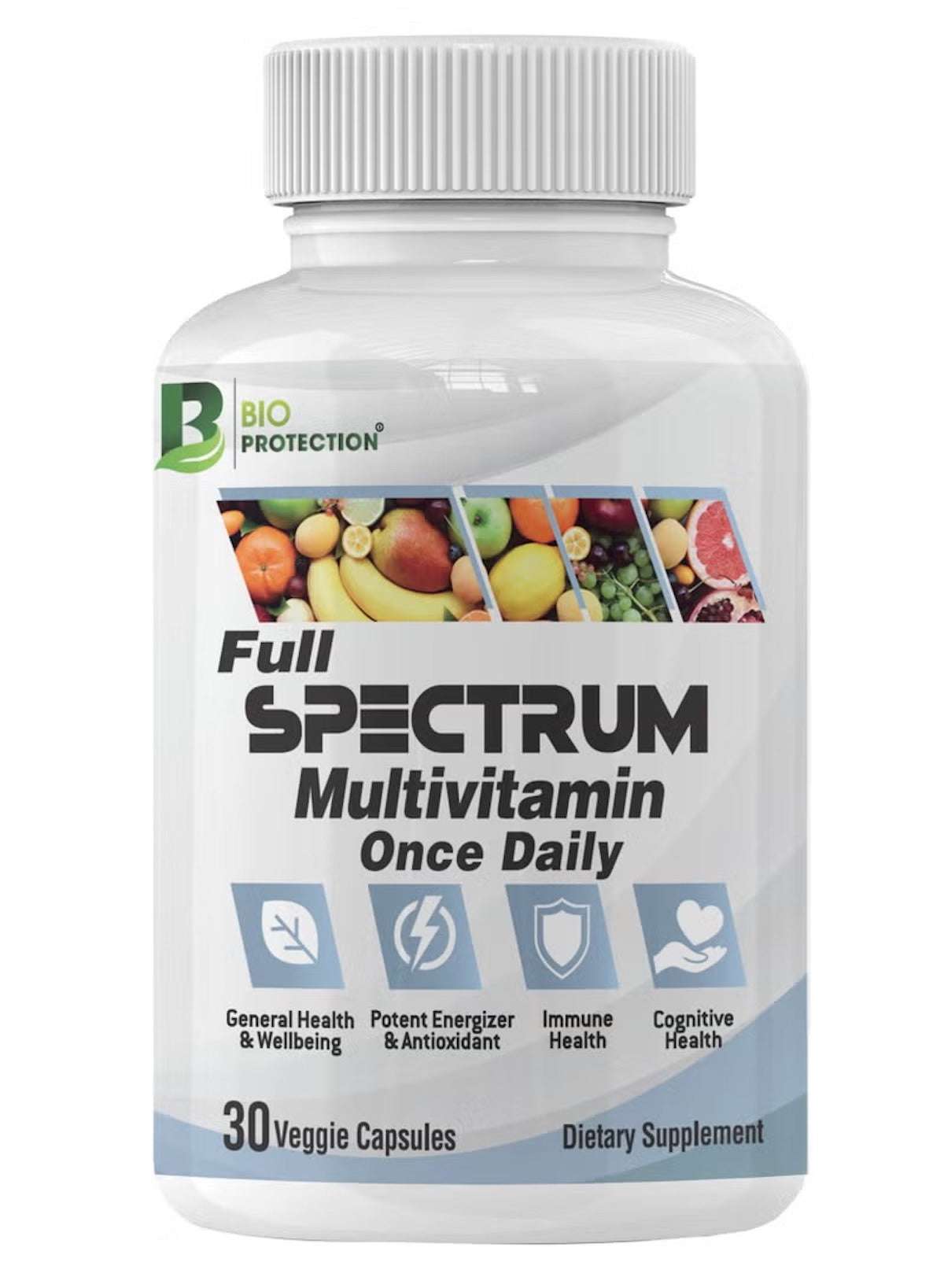 BIO PROTECTION full spectrum multivitamin capsules in a bottle with 30 veggie capsules for daily wellness