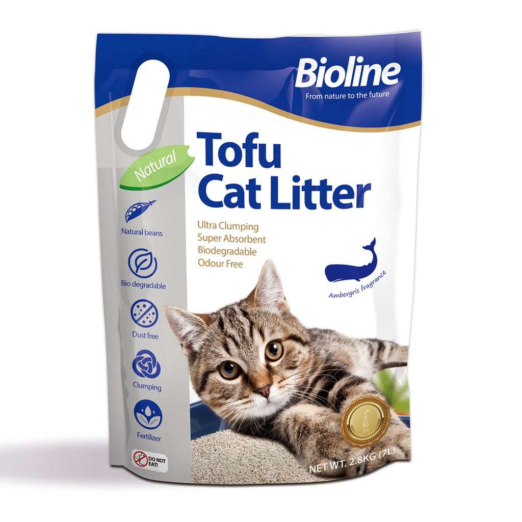 Bioline biodegradable tofu cat litter in a 2.86kg bag featuring a natural design and ultra clumping properties