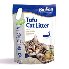 Bioline biodegradable tofu cat litter in a 2.86kg bag featuring a natural design and ultra clumping properties
