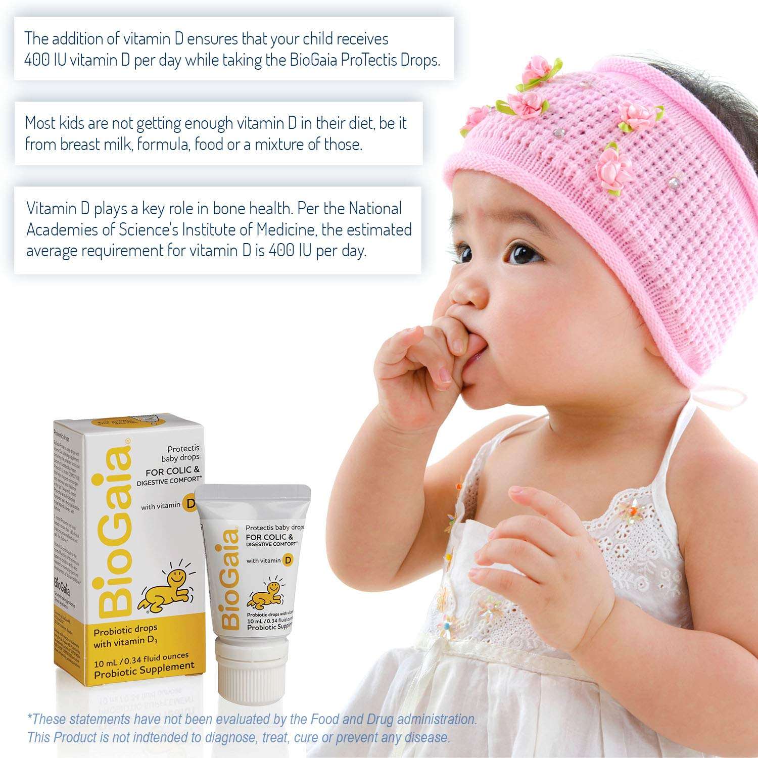 BioGaia probiotics drops for babies with product box and tube beside a toddler in pink headband