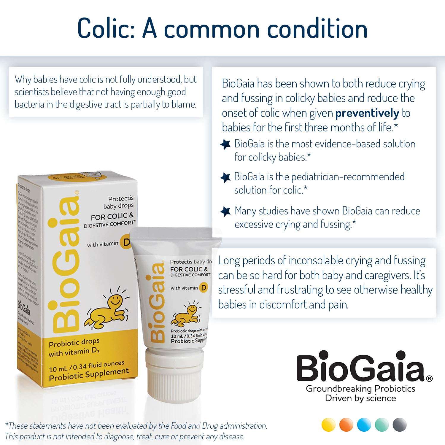 BioGaia probiotics drops for babies box and tube displayed with colic relief information and vitamin D