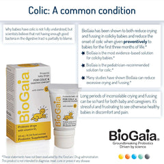 BioGaia probiotics drops for babies box and tube displayed with colic relief information and vitamin D