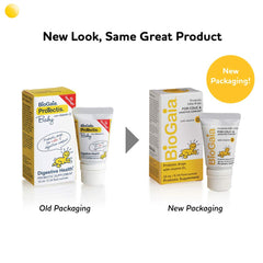 BioGaia probiotics drops for babies old and new packaging side by side showing tube and box