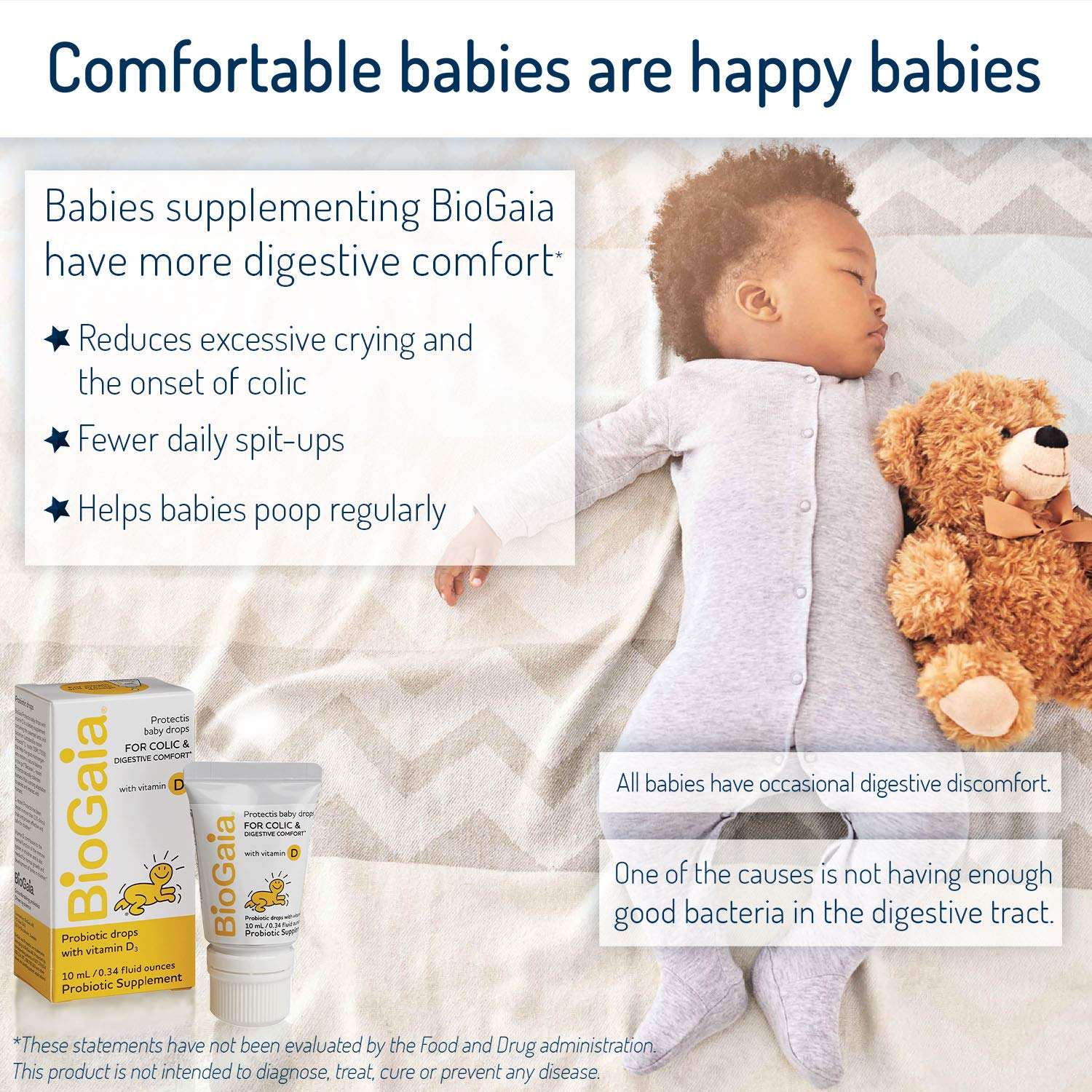 Sleeping baby with teddy and BioGaia probiotics drops for babies packaging showing probiotic supplement benefits